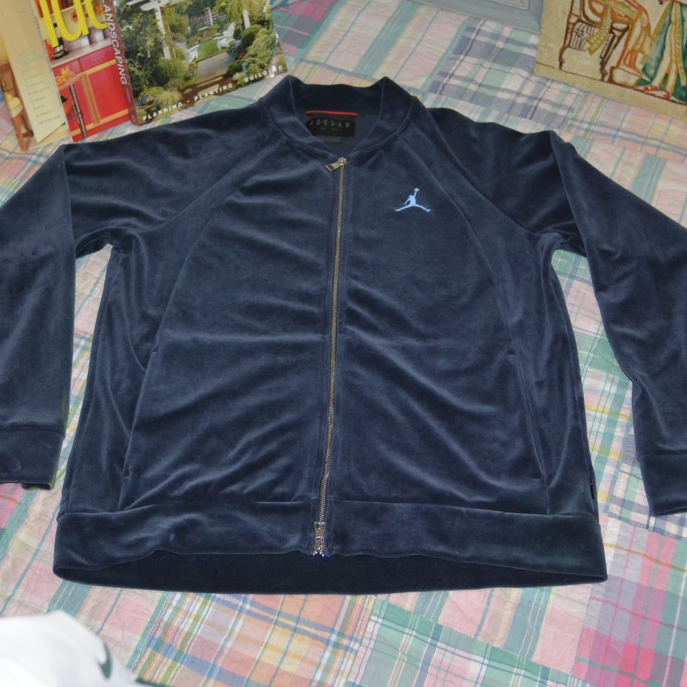 Jordan Men's Navy Blue Velour Zip-Front Sweater with Light Blue Jumpman